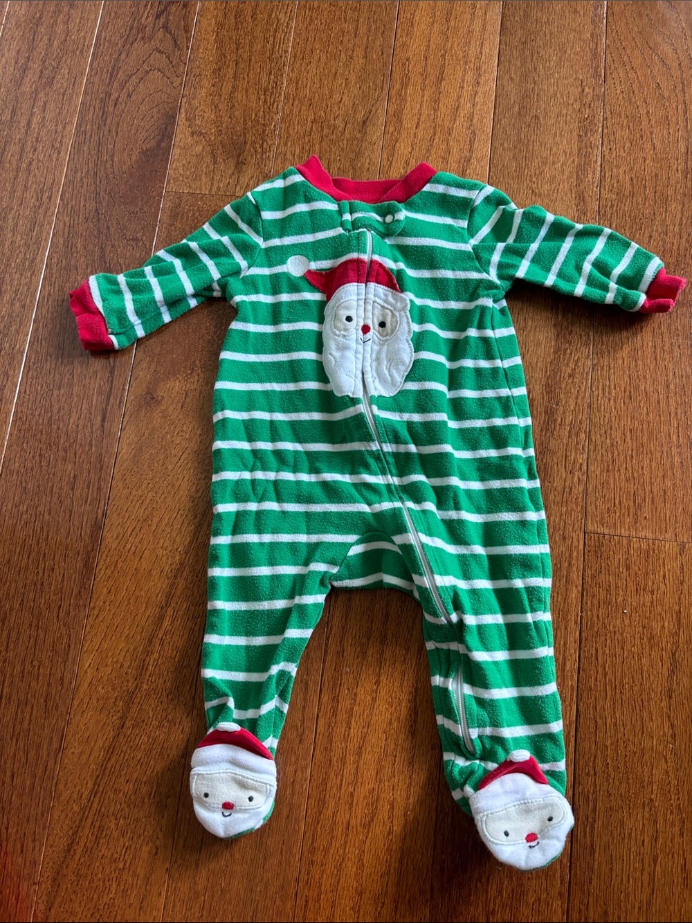 Green Striped Santa Footed One-Piece for Kids